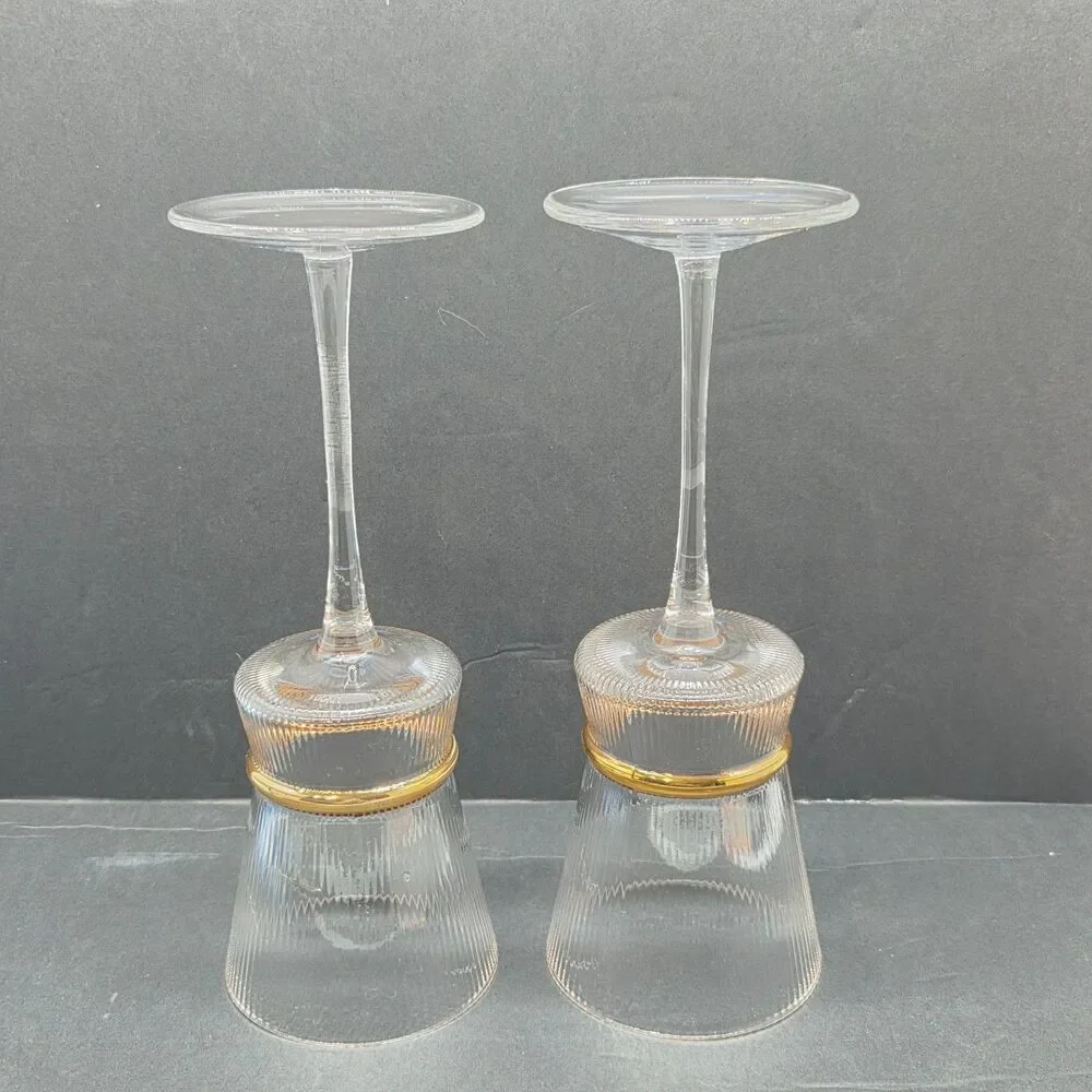 Ribbed Wine Glasses Set Of 2 With Gold Ring 9 1/4